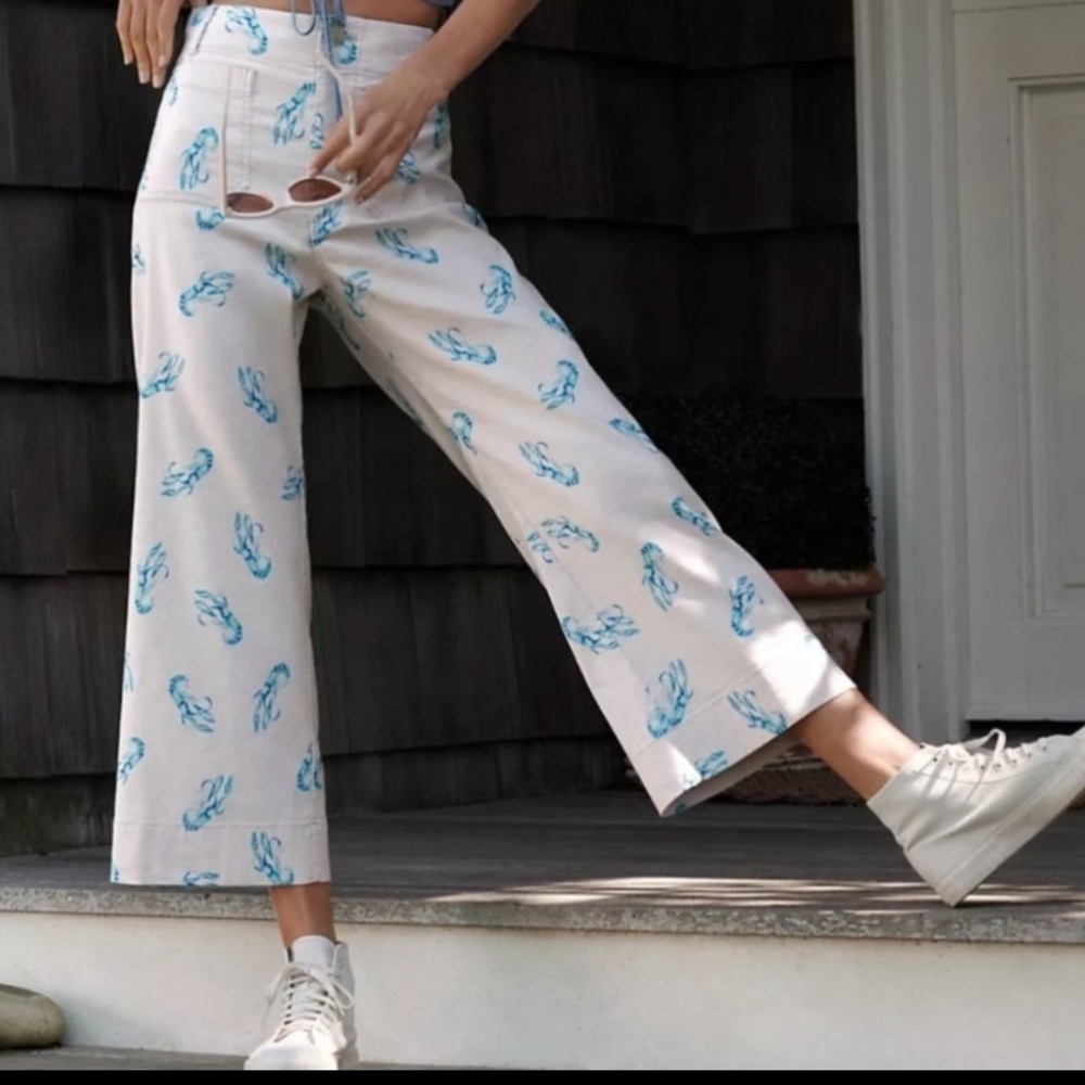 Anthropologie Maeve Size 27 lobster White Pants with Blue Print